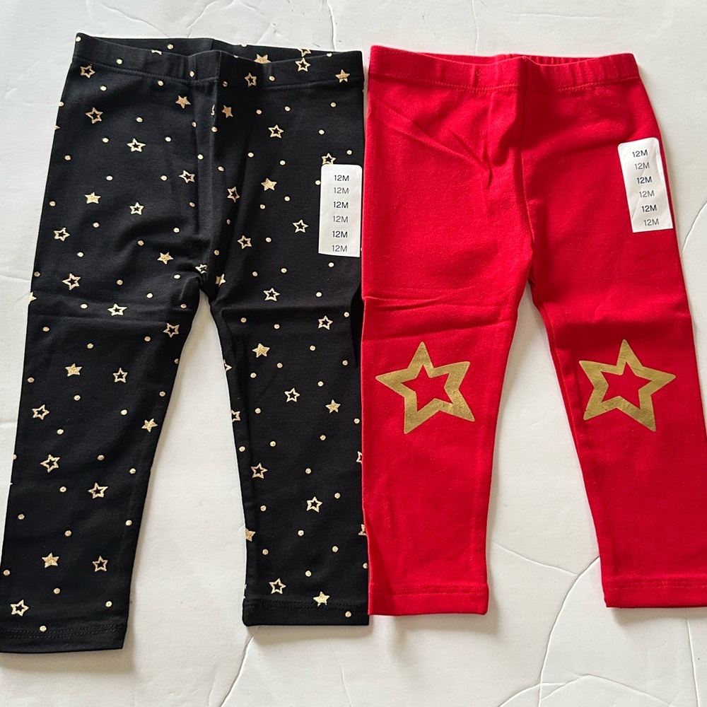 2 Set Lightning Bug Baby Star Print Leggings Set Red & Black Cotton Stretch 12M